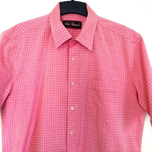 Men's Pink Red plaid button up short sleeve causal shirt - Picture 3 of 10